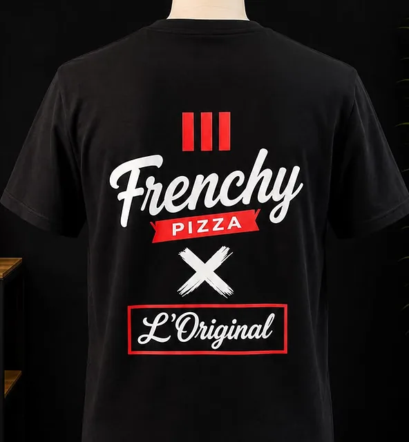 T-shirt noir imprimé d'un grand logo de pizzeria
